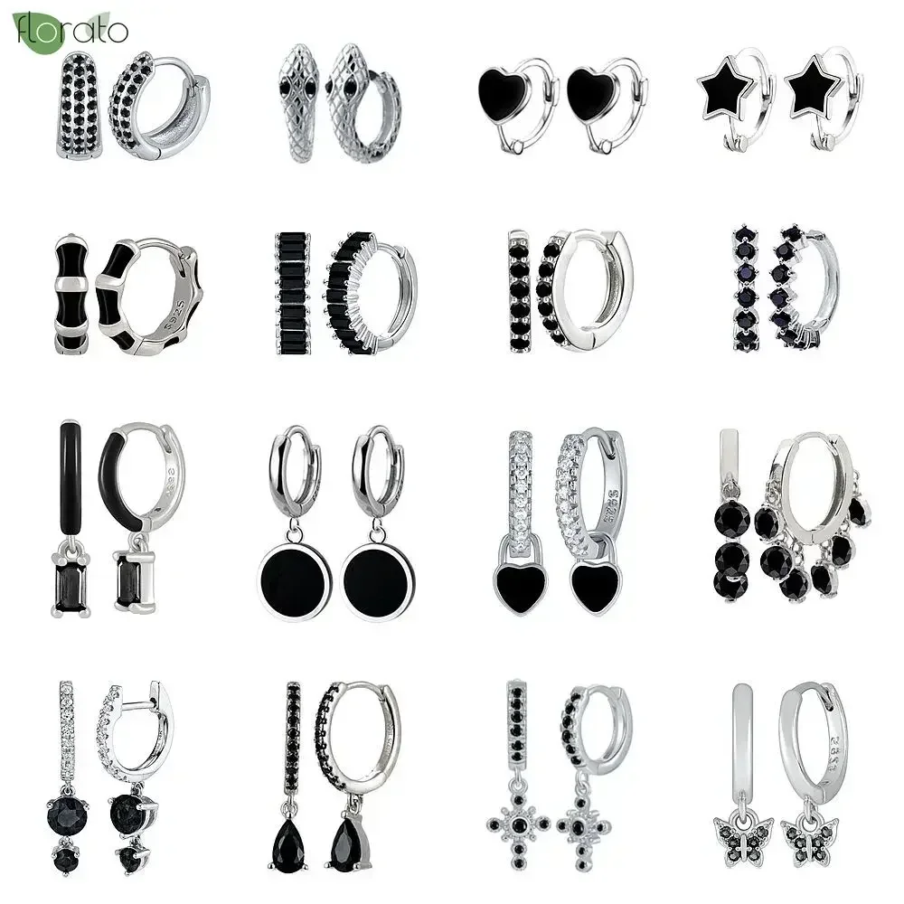 Top Trends: 925 Sterling Silver Needle Fashion Black Zircon Earrings New Round / Cross Pendant Small Hoop Earrings For Women Luxury Jewelry Shoppable Styles