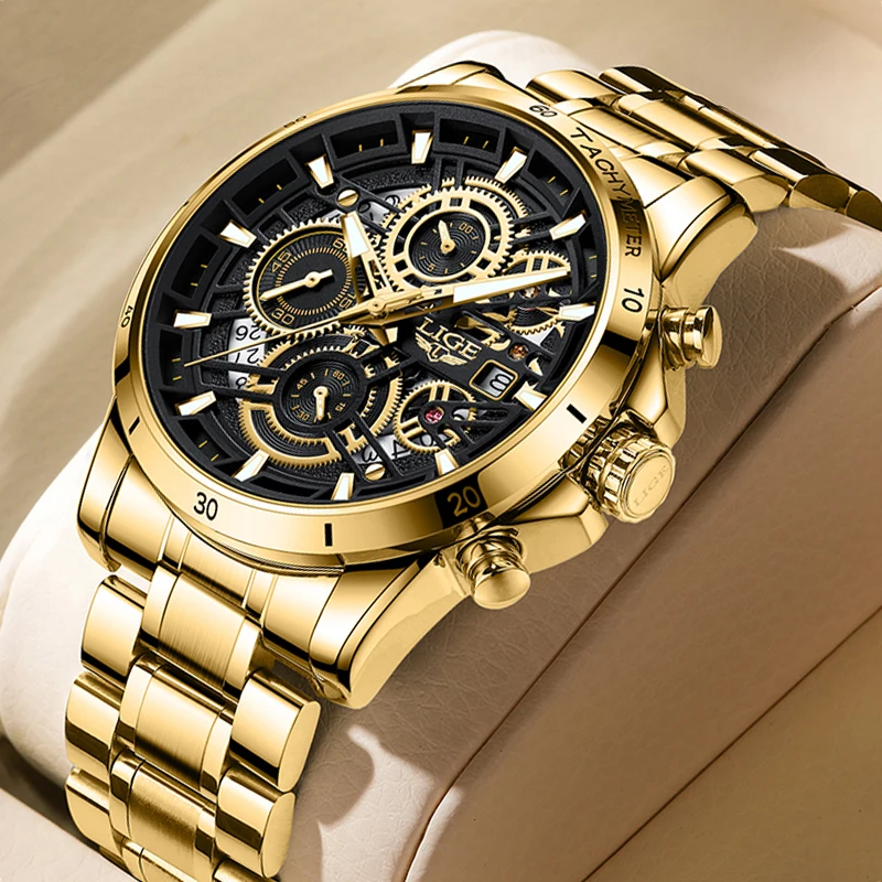 Top Trends: LIGE Quartz Watch Men Gold Black Mens Watches Top Brand Luxury Chronograph Sports Watches Luminous Waterproof Relogio Masculino Shoppable Styles