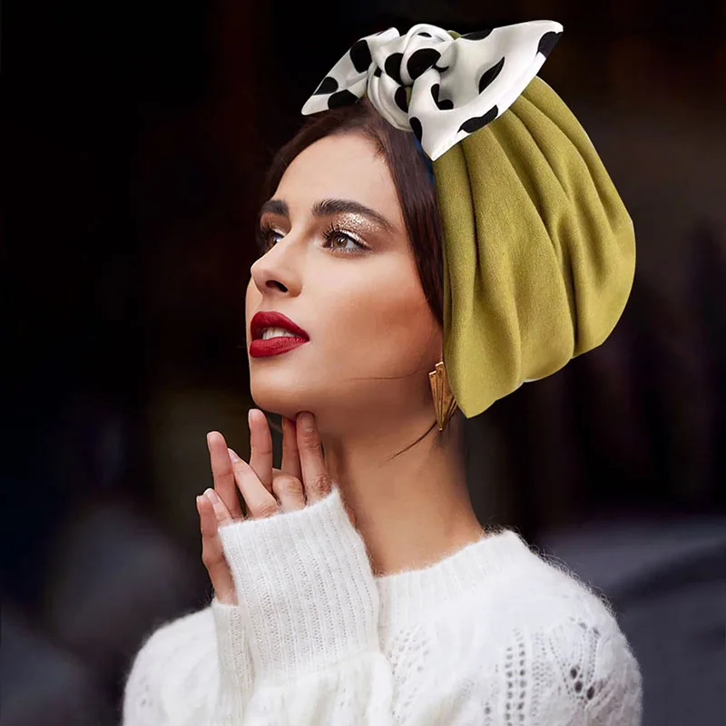 Top Trends: French Retro Women&#039;s Turban Cap Polka Dot Bowtie Satin Lining Head Wrap Bonnet Female Headscarf Hat Muslim Under Scarf Hats Shoppable Styles