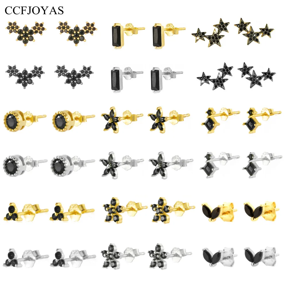 Top Trends: CCFJOYAS 925 Sterling Silver Black Color Zircon Round / Flower / Rectangle / Marquise Shaped Stud Earrings For Women Piercing Jewelry Shoppable Styles