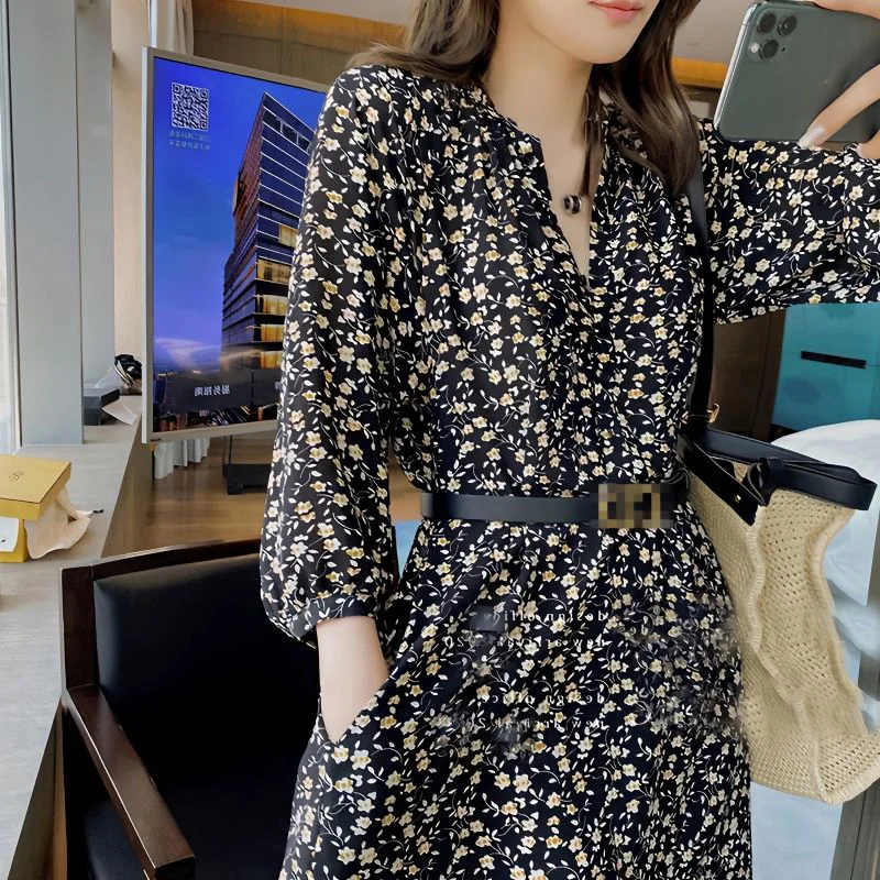 Top Trends: Vintage Printed V-Neck Pockets Loose Belt Floral Long Dress Women's Clothing 2023 Spring Summer New Office Lady Princess Dress Shoppable Styles