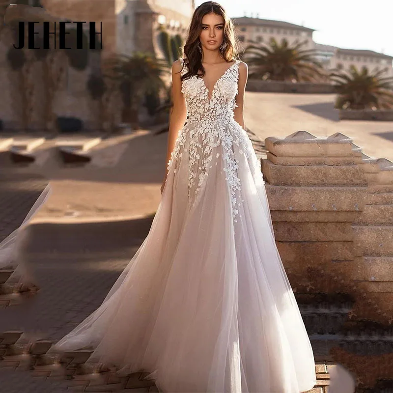 Top Trends: JEHETH Elegant A-Line Lace Wedding Dress 2023 Sexy Applique Backless Tulle Bridal Gowns Sweep Train Custom Made Vestido De Novia Shoppable Styles