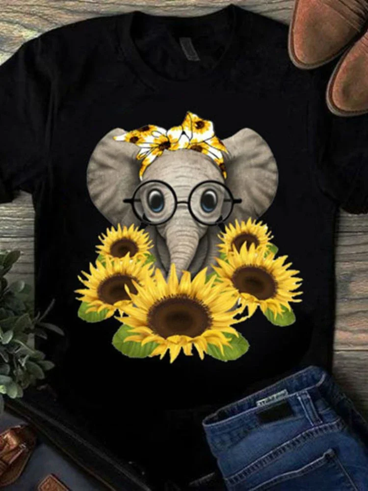 Top Trends: Cartoon Sunflower Elephant Print T Shirt Women Short Sleeve O Neck Loose Tshirt Summer Women Tee Shirt Tops Camisetas Mujer Shoppable Styles