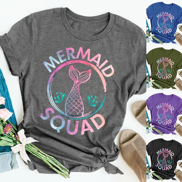 Top Trends: Colorful Mermaid Squad Print T Shirt Women Short Sleeve O Neck Loose Tshirt Summer Women Tee Shirt Tops Camisetas Mujer Shoppable Styles