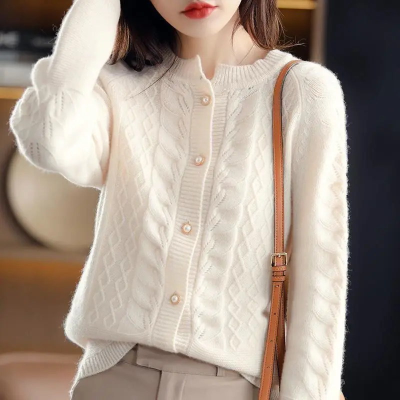 Top Trends: Solid Korean Pearl Buckle Thick O-Neck Women's Clothing Screw Thread Sweaters Single Breasted Knitting Autumn Winter Cardigan Shoppable Styles - Image 2