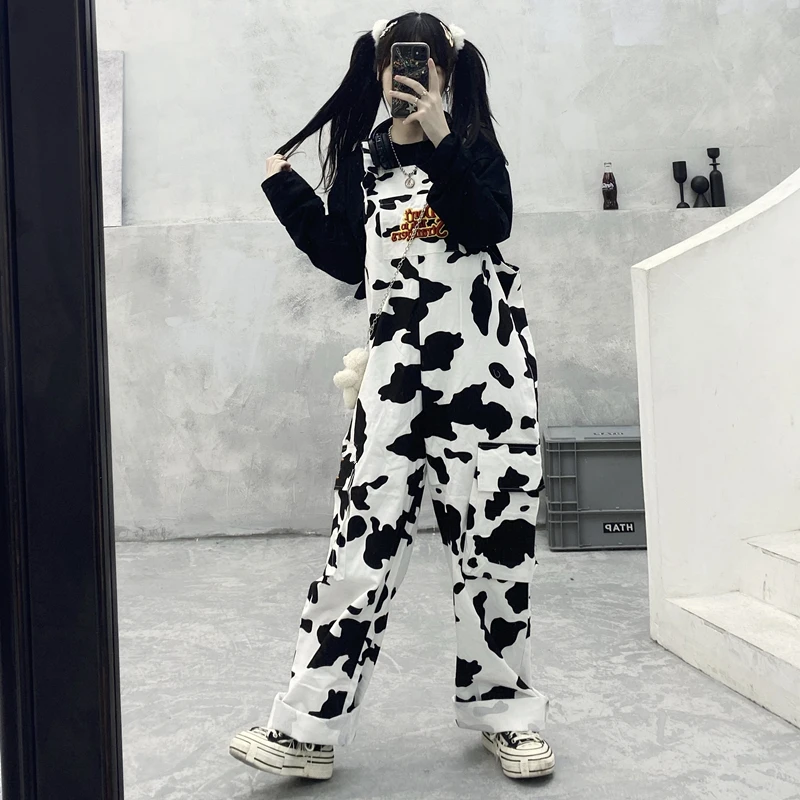 Top Trends: Street Hip-hop Harajuku Girl Cow Print Oneies For Women Black White Plaid Overalls Casual Jumpsuit Trousers Baggy Pants Shoppable Styles