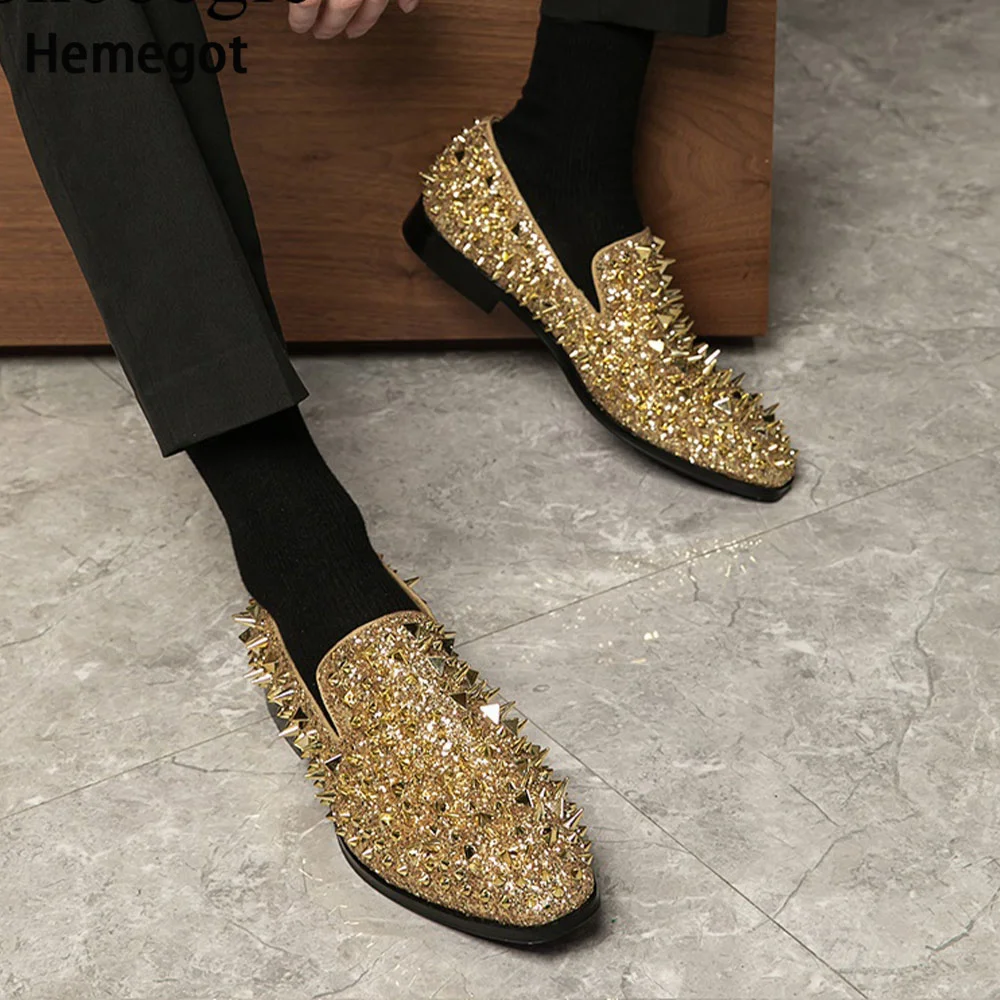 Top Trends: Men Rivets Loafers Bling Bling Gold Glitter Round Toe Slip-On Flat Leisure Shoes Flat Shoes For Man Party Shoes Male Gold Shoes Shoppable Styles