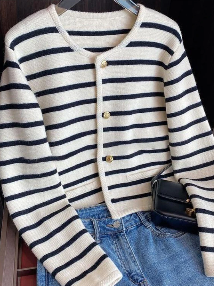 Top Trends: Deeptown Y2K Vintage Striped Knitted Cardigan Women Korean Old Money Oversized Cropped Sweater Elegant Casual Chic Tops Harajuku Shoppable Styles