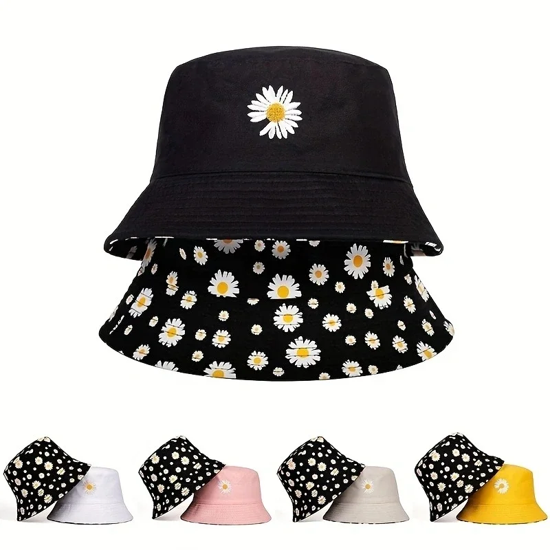 Top Trends: Daisy Embroidery Bucket Hats For Women Men Double-Sided Hip Hop Panama Caps Children Summer Fishing Streetwear Bob Fisherman Hat Shoppable Styles