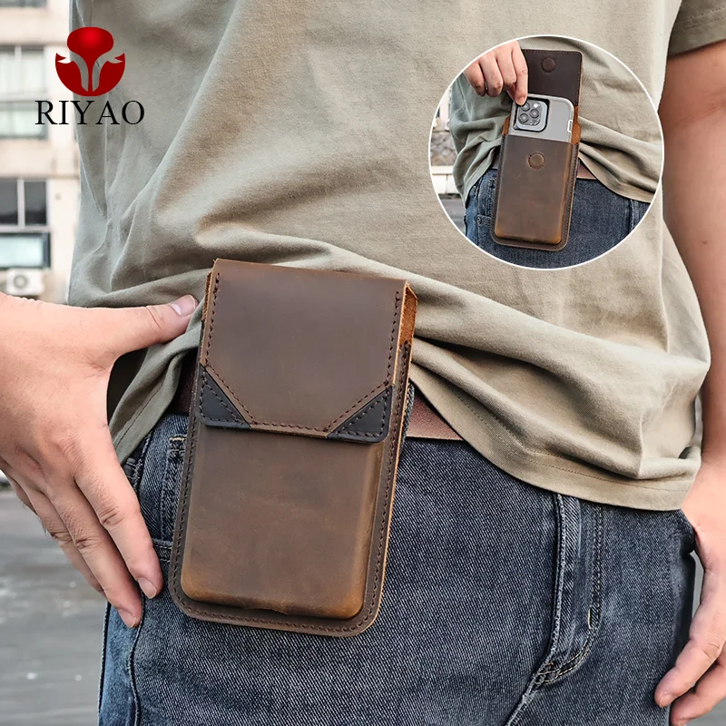 Top Trends: RIYAO Crazy Horse Leather Fanny Pack For Men Small Waist Bag Vintage Phone Holster Case Genuine Leather Phone Pouch Bag Outdoor Shoppable Styles