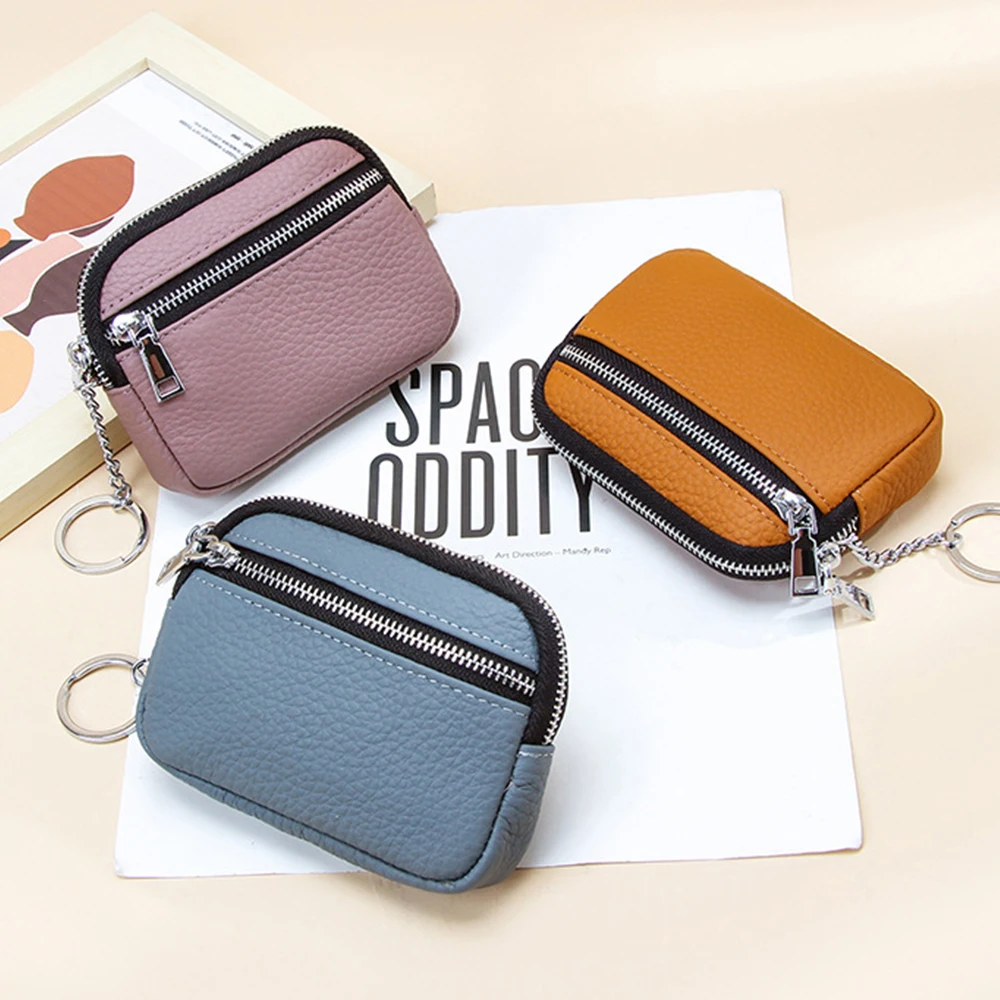 Top Trends: Women Genuine Leather Keychain Coin Purse Zipper Change Wallet Small Mini Pocket Color Contrasting Lipstick Storage Change Pouch Shoppable Styles