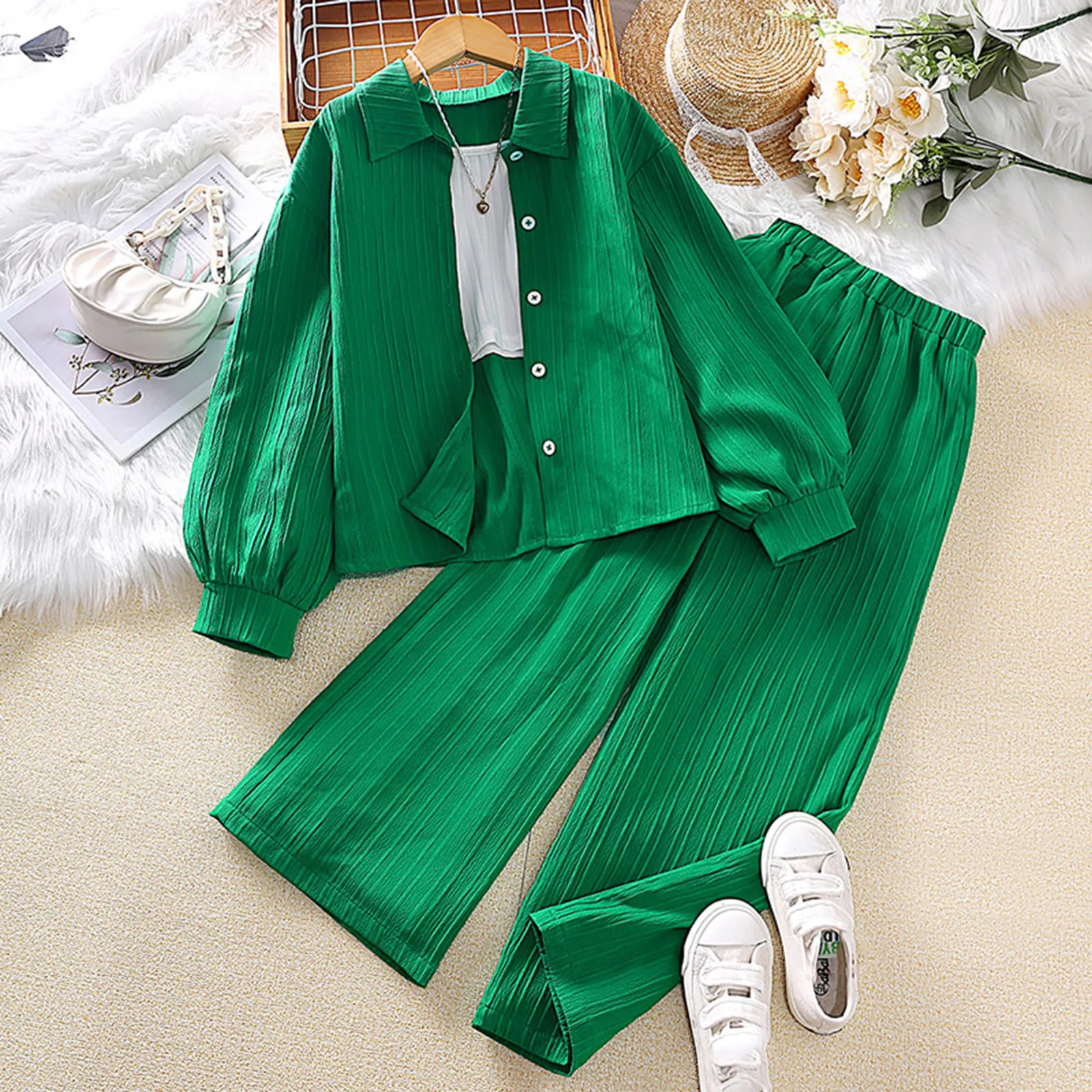 Top Trends: Kids Girls Autumn Long Sleeve Clothes Sets Green Tops+ Pants 2PCS Outfits Clothes For Girls 8 10 11 12 Years Old Children Clothes Shoppable Styles