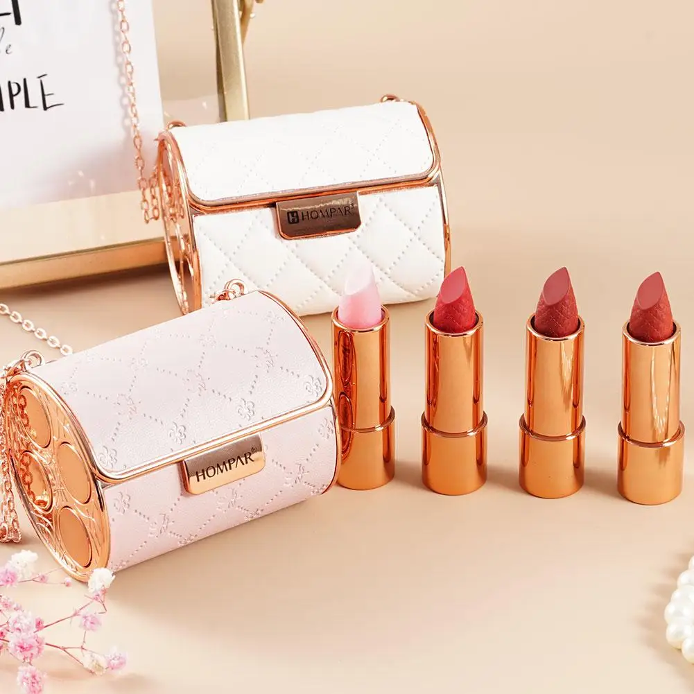 Top Trends: 4 Pcs / Set Matte Shimmering Velvet Lipstick Long Lasting Make Up Set Creative Fashion Chain Bag Engraved Lipstick Gift Shoppable Styles