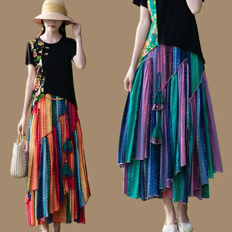 Top Trends: 2022 Spring Summer Ethnic Style Retro Large Size Cotton And Linen Striped Skirt Irregular Women Faldas De Mujer Largas H868 Shoppable Styles