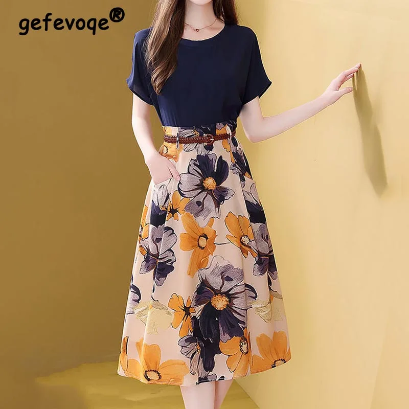 Top Trends: Summer 2022 Korean Retro Elegant Two Piece Set Women Chiffon T-shirt A-Line Floral Midi Skirts Suit Office Lady Elegant Clothing Shoppable Styles