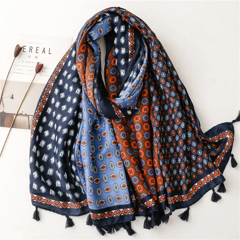 Top Trends: Brand Fashion Designer Viscose Scarf Aztec Patchwork Floral Tassel Hijab Shawls And Wraps Foulard Echarpe Muslim Sjaal 180*90Cm Shoppable Styles