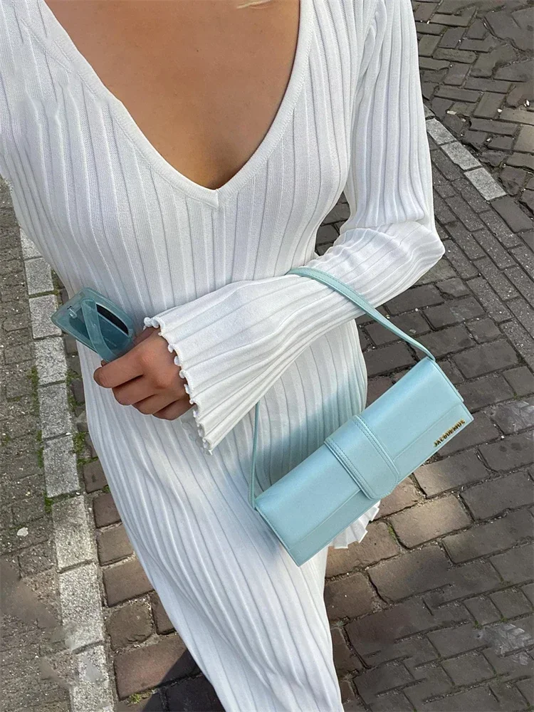 Top Trends: Tossy Autumn New V-Neck Knit Maxi Dress Women Ribbed Elegant Long Sleeve Streetwear High Waist Pleated Dresses Ladies Knitwear Shoppable Styles