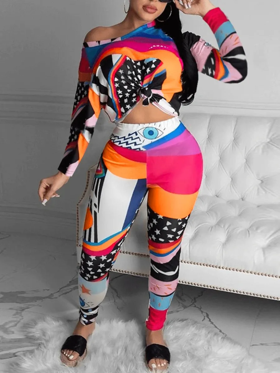 Top Trends: LW Plus Size Two Pieces Set Mixed Print Pants Set Causal Women's Suit Long Sleeve + skinny Pants Women Matching Fitness Sport Set Shoppable Styles