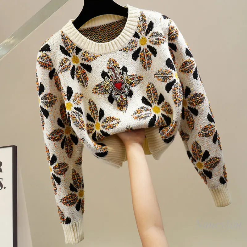 Top Trends: Manual Beaded Diamond Color Jacquard Pullover Short Sweater For Women Long-Sleeved Sweaters Temperament High Waist Knitwear 2023 Shoppable Styles