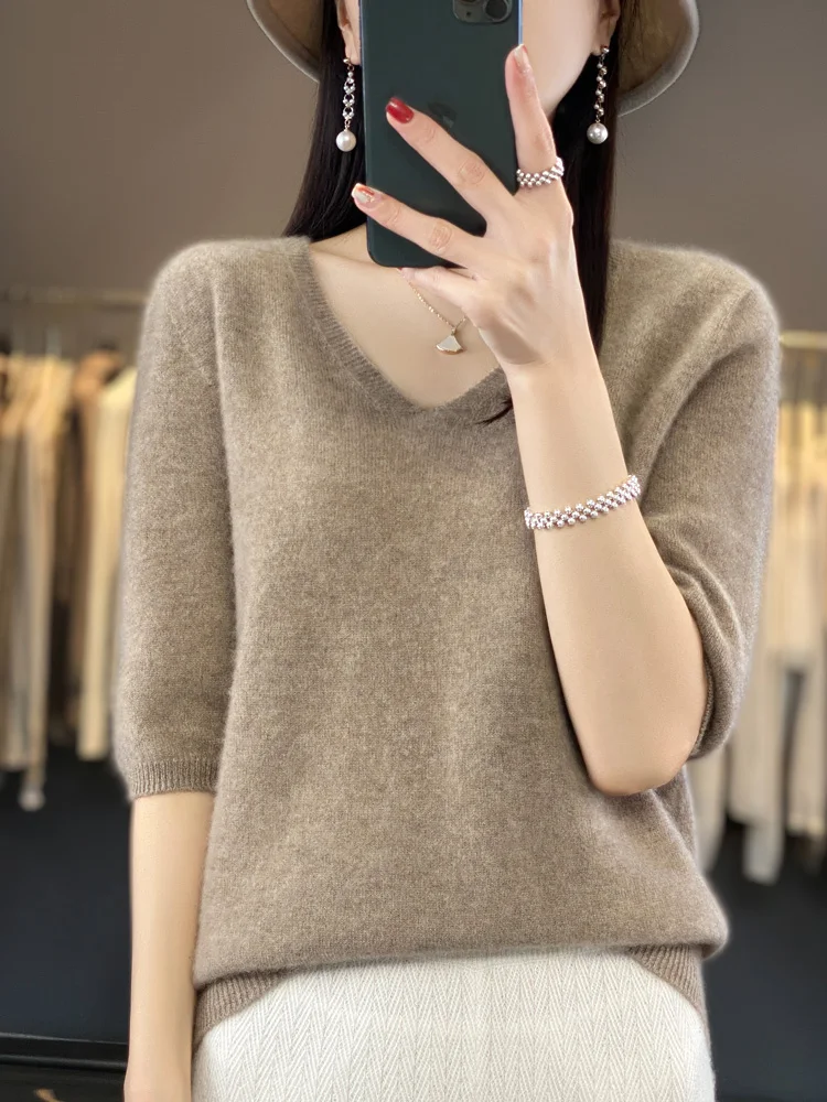 Top Trends: Aliselect Short Sleeve Women Knitted Sweaters 100% Pure Merino Wool Cashmere Spring Fashion V-Neck Top Pullover Clothing Shoppable Styles