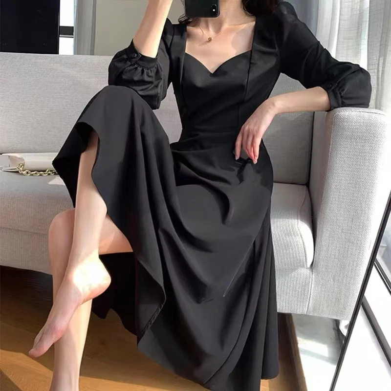 Top Trends: Black Dress Women&#039;s Autumn New Black Long Sleeve Dress Hepburn Style V-neck Ankle-length Retro Korean Style Long Black Dress Shoppable Styles