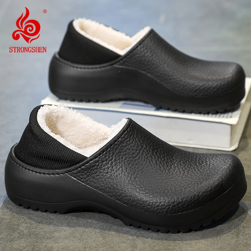 Top Trends: STRONGSHEN Men&#039;s Warm Slippers Winter Garden Clogs Kitchen Chef Shoes Waterproof Plush Work Shoes Non-slip Home Cotton Slipper Shoppable Styles