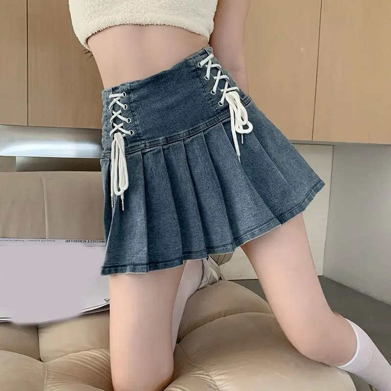 Top Trends: HOUZHOU Pleated Denim Skirt Women Korean Fashion Kawaii Lace-up High Waist A-line Sexy Jeans Skirt Casual Streetwear Summer Shoppable Styles - Image 3