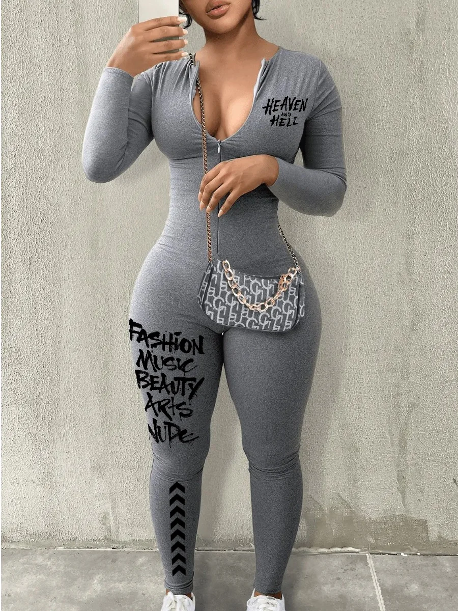 Top Trends: LW Letter Print Long Sleeve Bodycon Jumpsuit 1 Piece Front Zipper Up Grey Skinny Romper Sporty Streetwear Casual Jumpsuit Shoppable Styles