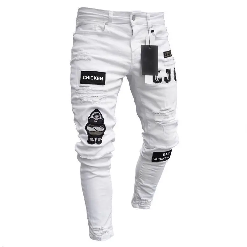 Top Trends: White Embroidery Skinny Ripped Jeans Men Cotton Stretchy Slim Fit Hip Hop Denim Pants Casual Jeans For Men Jogging Trousers Shoppable Styles