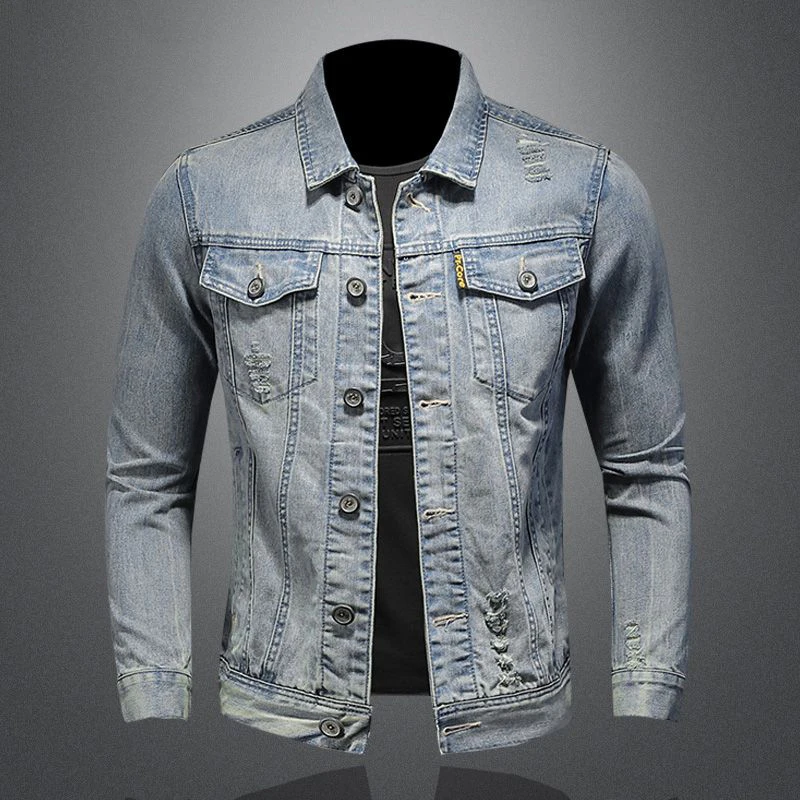 Top Trends: Spring And Autumn Vintage Wash Light Blue Denim Jacket For Young Men With Ripped Lapels Pure Cotton Casual Denim Jacket Jacket Shoppable Styles