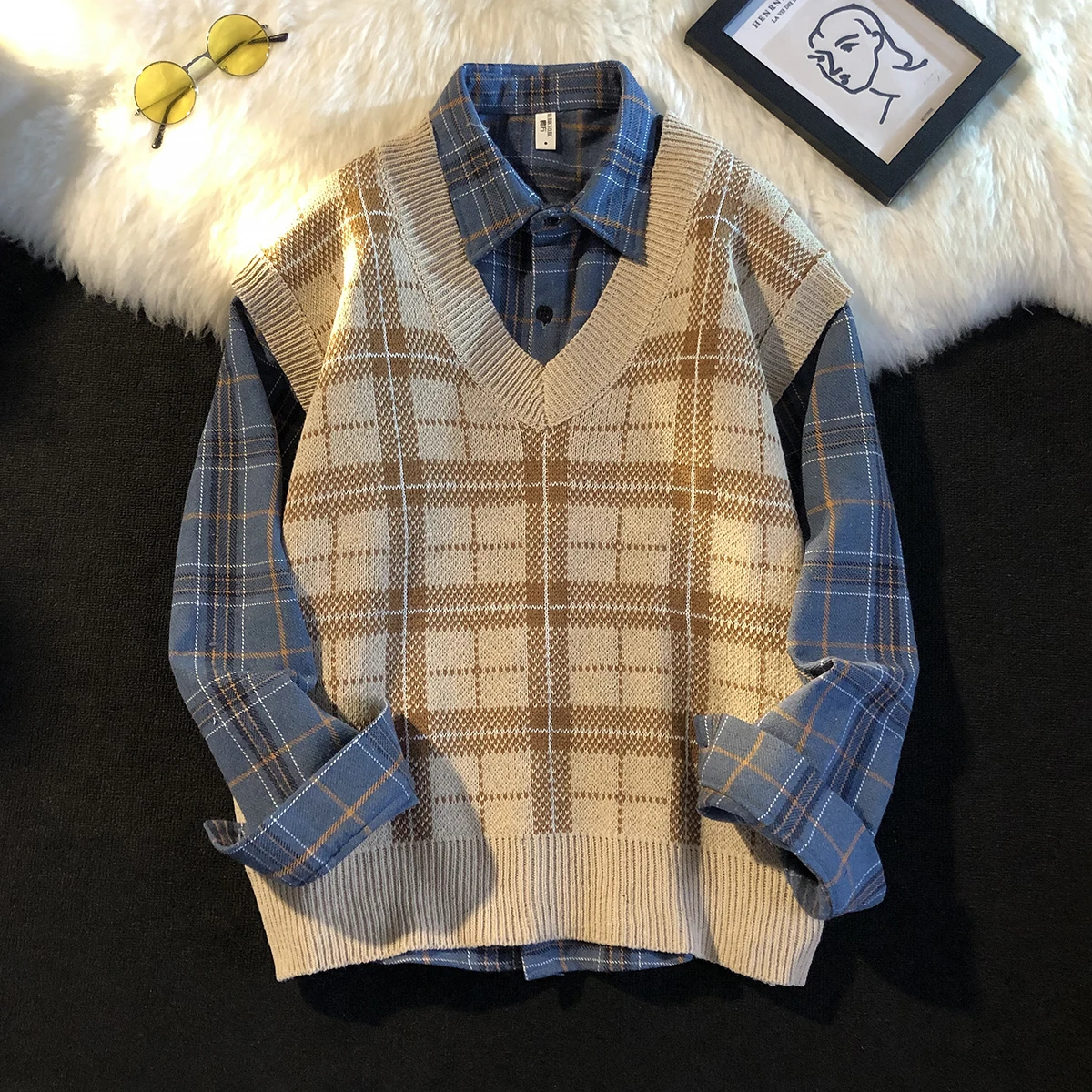 Top Trends: Men&#039;s Knitted Sweater Vest Spring Autumn Casual Vest Korean Fashion Plaid Sleeveless Tops Knit Bottoming Shirt Male Clothes Y142 Shoppable Styles