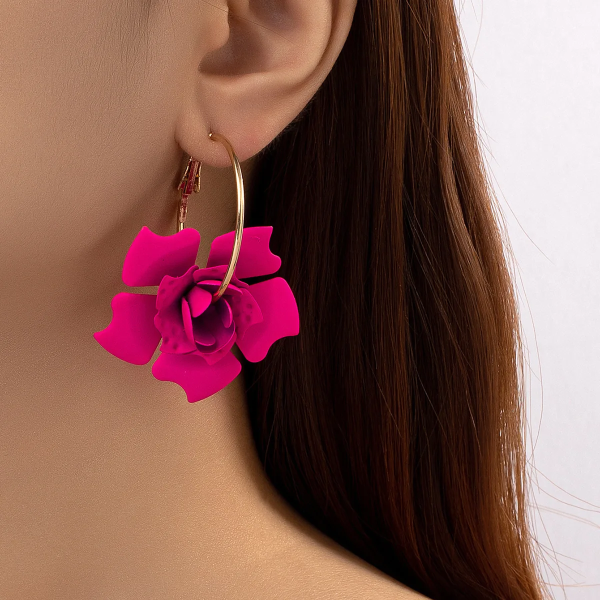 Top Trends: Fashion Big Flower Drop Earrings For Women Wedding New Trendy Long Fushsia Double Layer Enamel Floral Crystal Stud Earring Shoppable Styles - Image 4