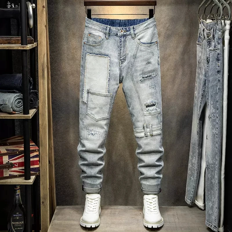 Top Trends: Street Fashion Men Jeans Retro Light Gray Blue Elastic Slim Fit Ripped Jeans Men Spliced Designer Multi Pockets Hip Hop Pants Shoppable Styles