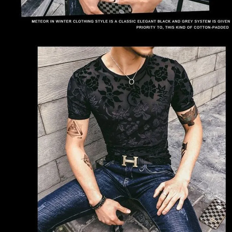 Top Trends: 2023 Summer New Velour Clothes Men's Hollow Out Breathable Tops Round Neck Slim Jacquard Weave T-shirt Shoppable Styles - Image 2