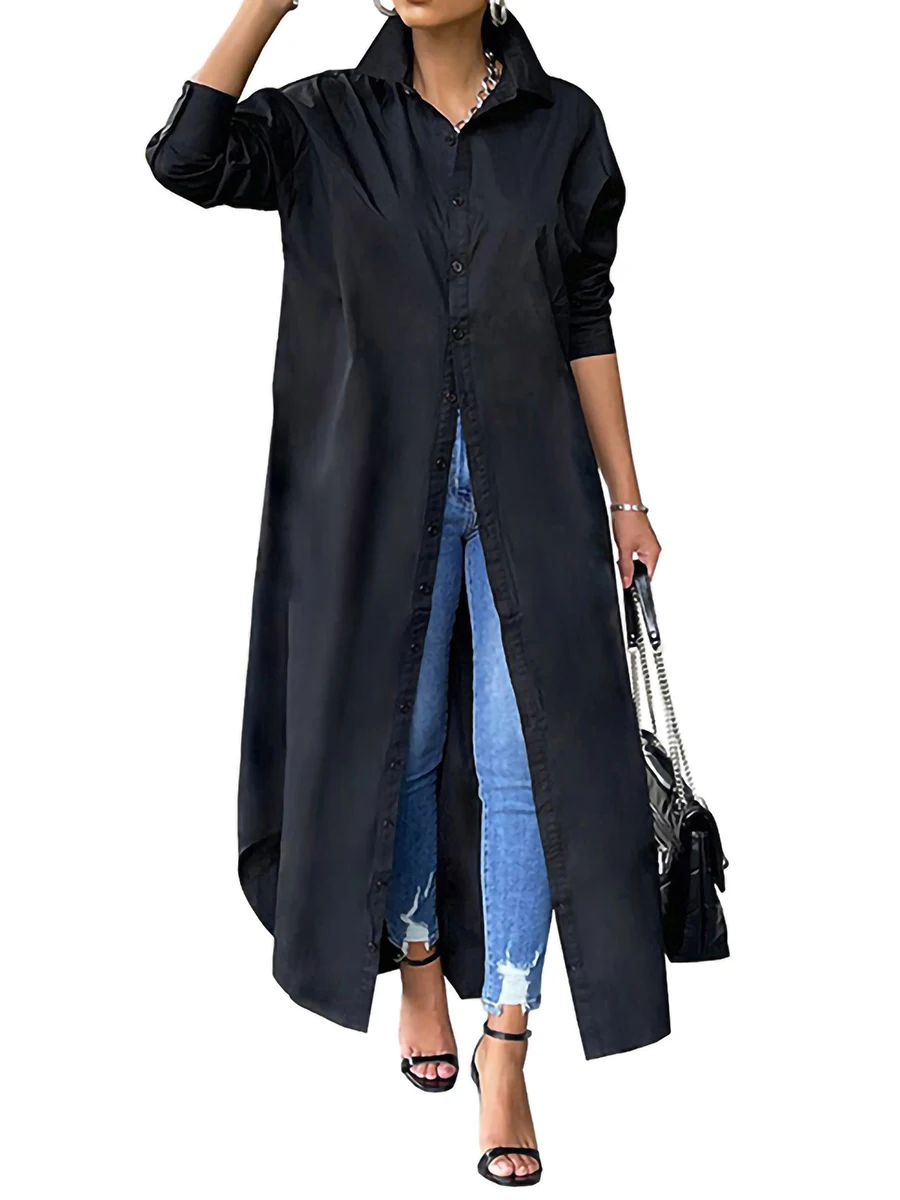 Top Trends: Womens Casual Kaftan Top Solid Turn Down Collar Long Sleeve Button Down Single-breasted Blouse Maxi Dress Shoppable Styles