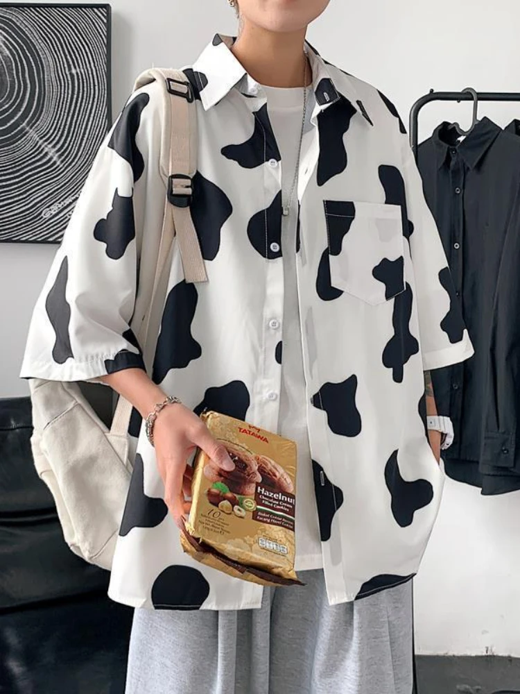 Top Trends: Summer New Cow Print Shirts Men Korean Loose Half Sleeve Button Down Blouse Couple Wear Mens Fashion Clothing Trends Shoppable Styles