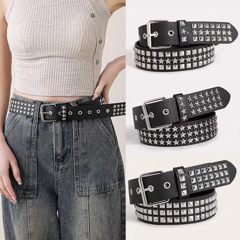 Top Trends: Punk Y2k Pu Star Studded Belt For Women Men Gothic Waist Strap Designer Luxury Male Female Jeans Trouser Decorative Waistband Shoppable Styles