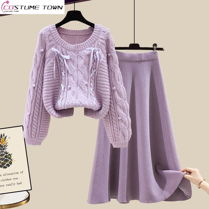 Top Trends: Autumn And Winter Set 2023 New Large Women&#039;s Knitted Sweater Women&#039;s Style Loose Slim Half Skirt Two Piece Set Fashion Shoppable Styles