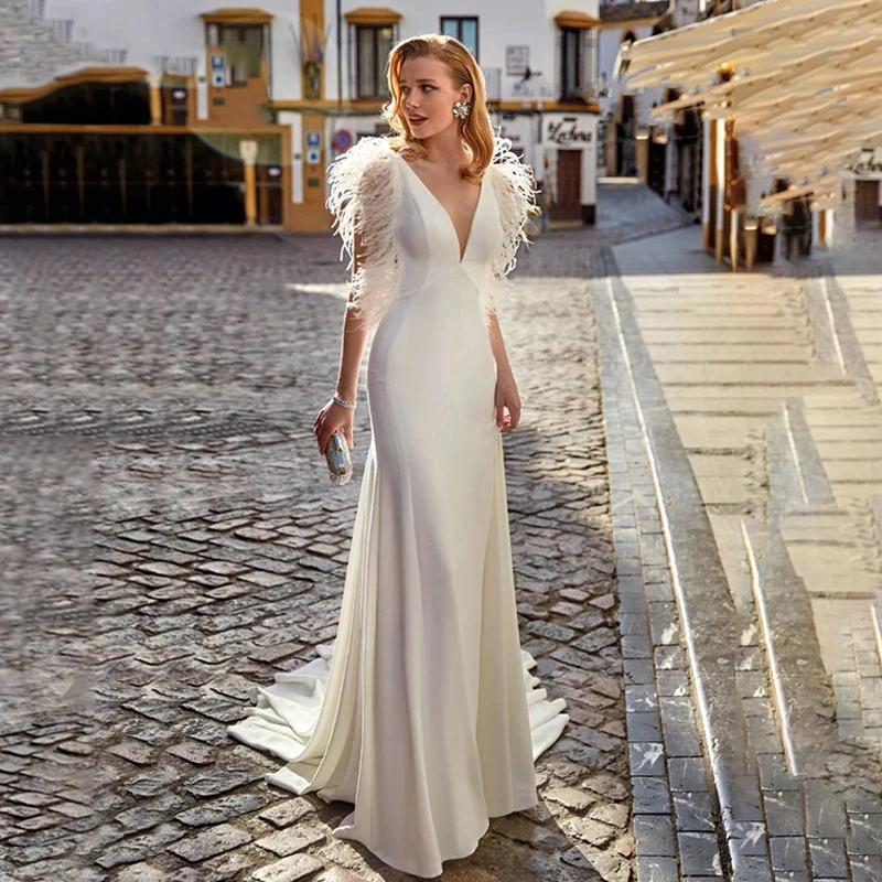 Top Trends: 2023 Feather Mermaid Elegant V-Neck Sleeveless Button Stain Wedding Dresses Tea-Length Vestido De Novia Bridal Gown For Women Shoppable Styles