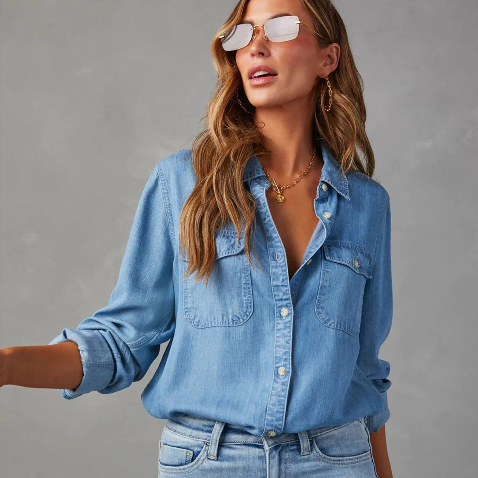 Top Trends: Women&#039;s Fashion Lapel Single Breasted Denim Shirts Casual Solid Color Long Sleeve Blouse Loose Versatile Commuter Shirt Tops Shoppable Styles