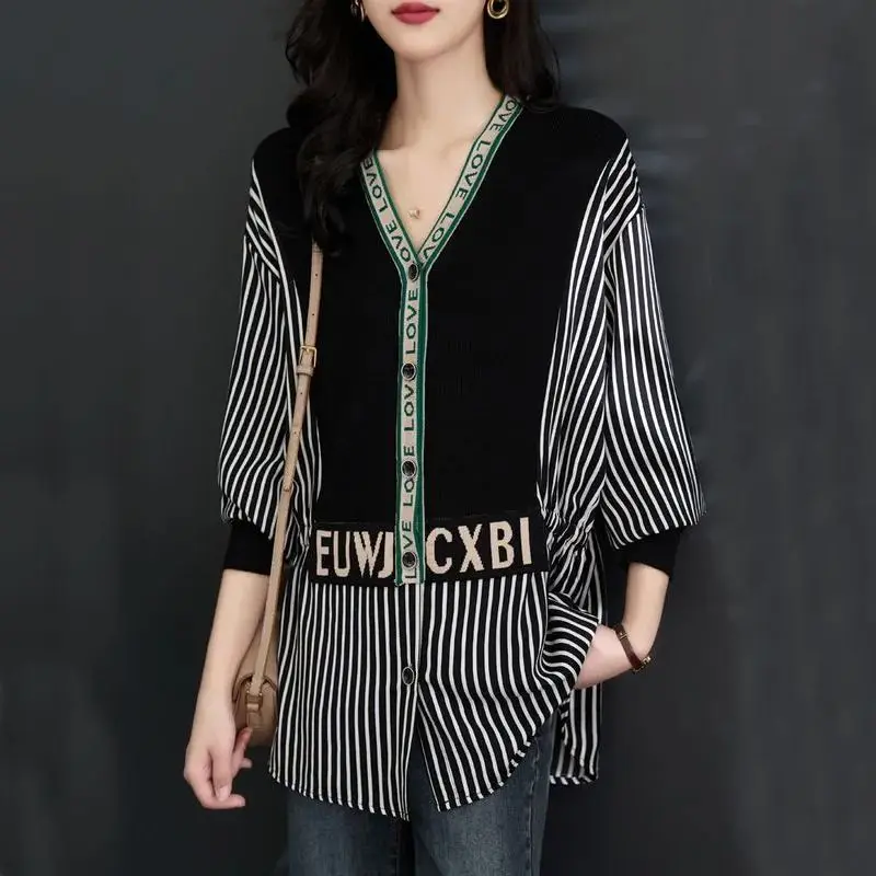 Top Trends: Casual Striped Patchwork Letter Blouse Fake Two Pieces Spring Autumn Elegant V-Neck Single-breasted Female Clothing Loose Shirt Shoppable Styles