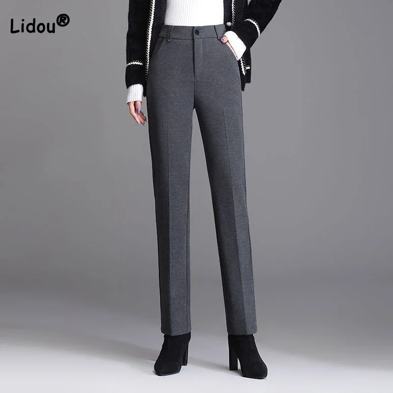 Top Trends: Drape Woolen Cloth Zipper Solid Color Straight Trousers Autumn Winter Office Lady Pockets Button Higt Waist Casual Women's Pants Shoppable Styles