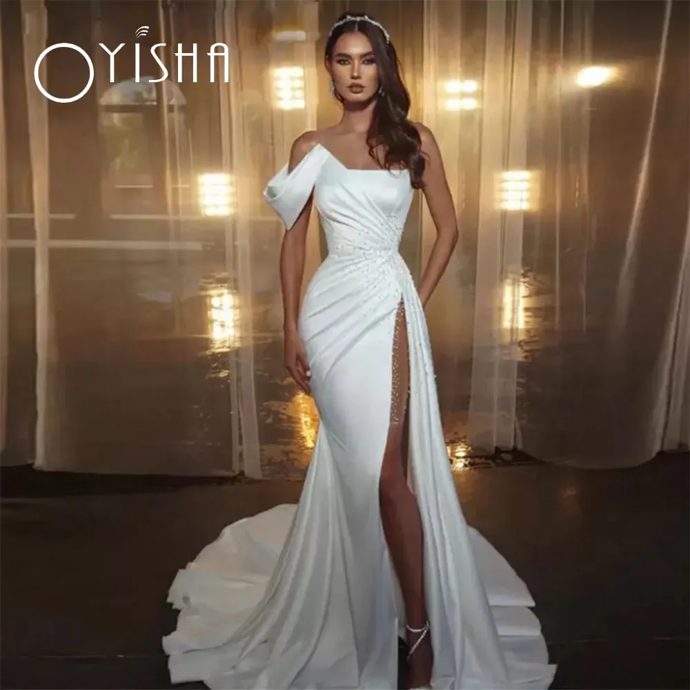 Top Trends: OYISHA Satin White Mermaid Wedding Dresses 2023 Thigh High Slits Bridal Gown One Shoulder Pearls Garden Robe De Soiree De Marige Shoppable Styles