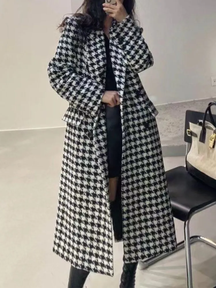 Top Trends: Korean Fashion Women Long Plaid Woolen Coat Autumn Winter Casual Loose Elegant Houndstooth Jacket Female Chic Vintage Overcoat Shoppable Styles