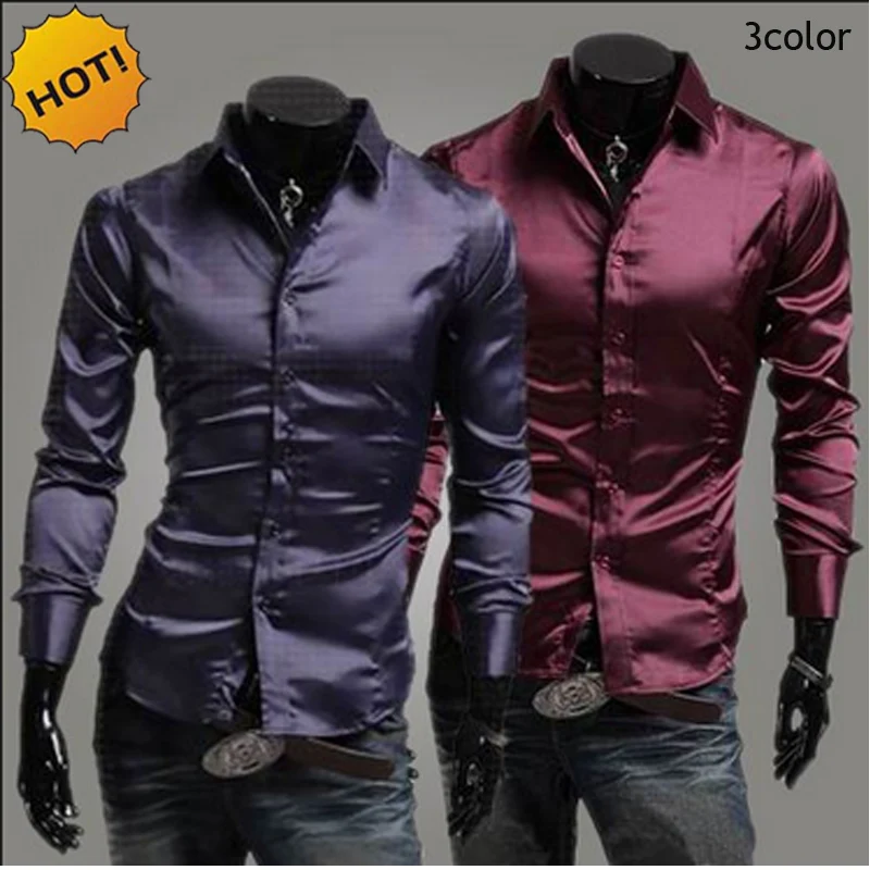 Top Trends: Hot 2022 Spring Autumn Emulation Silk Shiny Leisure Men's Long-sleeve Dress Shirts Mens Silky Wine Red / purple / black Tuxedo Shirt Shoppable Styles