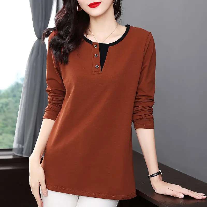 Top Trends: Casual Fashion O-Neck Button Spliced Tee Shirt 2022 Autumn New Commute Pullovers Tops Oversized Loose All-match Woman Tshirts Shoppable Styles