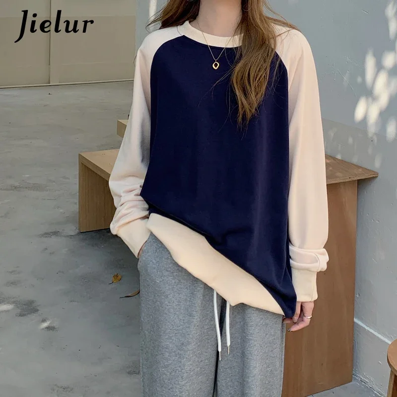 Top Trends: Jielur Korean Style Hit Color Female Hoodies Navy Apricot Patchwork Pullovers Chic Loose Casual Women Sweatshirt Raglan Sleeve Shoppable Styles