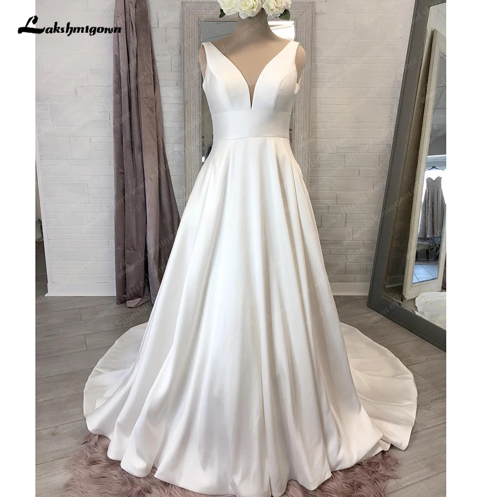 Top Trends: Lakshmigown Satin Wedding Dress A-line V-Neck Sleeveless Sexy Backless Bridal Gown 2023 Vestido Sexy Boho Bridal Dress Shoppable Styles