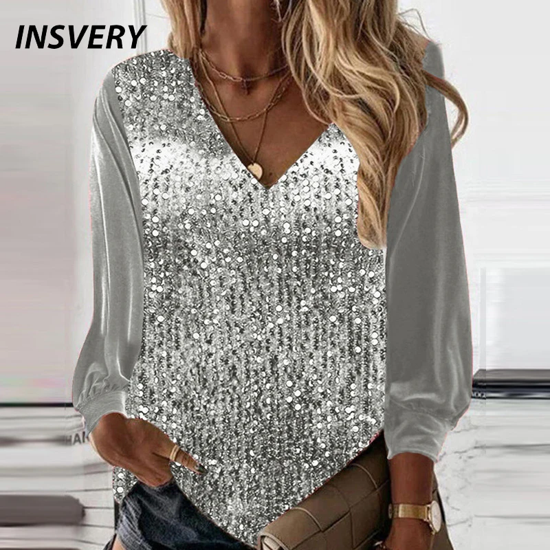 Top Trends: Fashion Women Sequins Sweatshirts V Neck Long Sleeve Blouse Shirt Women Autumn Winter Casual Loose Pullover Tops Shoppable Styles