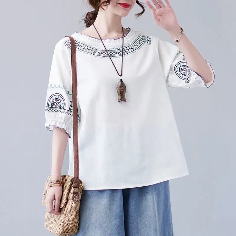 Top Trends: Retro Ethnic Style Embroidery Ruffle Chic Cotton Linen Ladies Tops Blouses Summer Round Neck Loose Half Sleeve Shirts For Women Shoppable Styles - Image 4